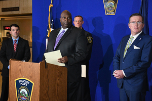 Syracuse police spokesperson Sgt. Matthew Malinowksi (left), Chief Kenton Buckner, Lt. David Brown and District Attorney William Fitzpatrick answered questions about Boeheim's fatal crash on Interstate 690. 