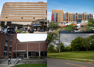 Orange Hall (top left), Milton Hall (top right), the former Kimmel Hall (bottom left) and the 700 block of Ostrom Avenue (bottom right) are all key sites in Syracuse University’s most recent residence hall plans. The projects are part of SU’s broader Campus Framework.
