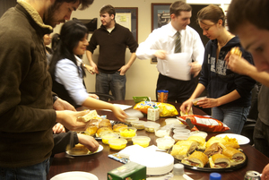 Members of the Undergraduate Student Association of the State University of New York College of Environmental Science and Forestry and Syracuse Universitys Student Association gather to talk about how the two schools can work together in the future.