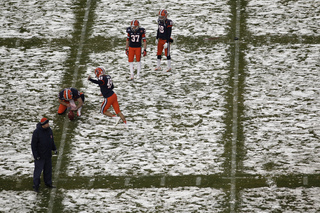 Syracuse freshman kicker Ryan Norton (49) warms up. Syracuse takes on West Virginia in the 2012 Pinstripe Bowl at a snowy Yankee Stadium on Saturday, Dec. 29, 2012, in New York.