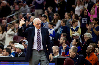 Boeheim throws his right hand up in disgust. Throughout the game, he and the SU players disagreed with many calls made by the referees.