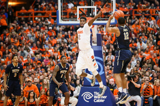 B.J. Johnson jumps for a block against Pittsburgh's offense late in the second half. Johnson had 11 points on 3-of-5 shooting on the day.