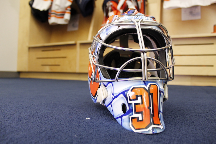 Front of Allison Small’s mask sitting on the ground