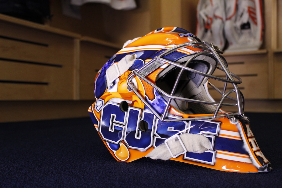 Ady Cohen’s mask with the word CUSE written on it